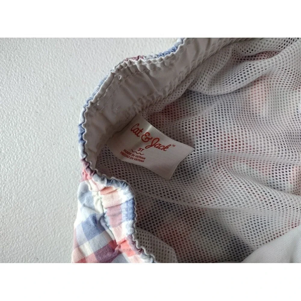 Cat & Jack Plaid Swim Trunks Shorts Kids Size 5T Blue Red White Elastic‎ Waist